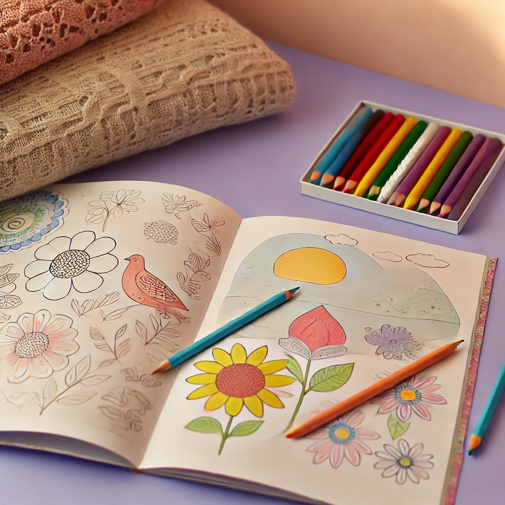 Open dementia colouring book with simple patterns, surrounded by coloured pencils in a calm and relaxing environment. Open dementia colouring book with simple patterns, surrounded by coloured pencils in a calm and relaxing environment.